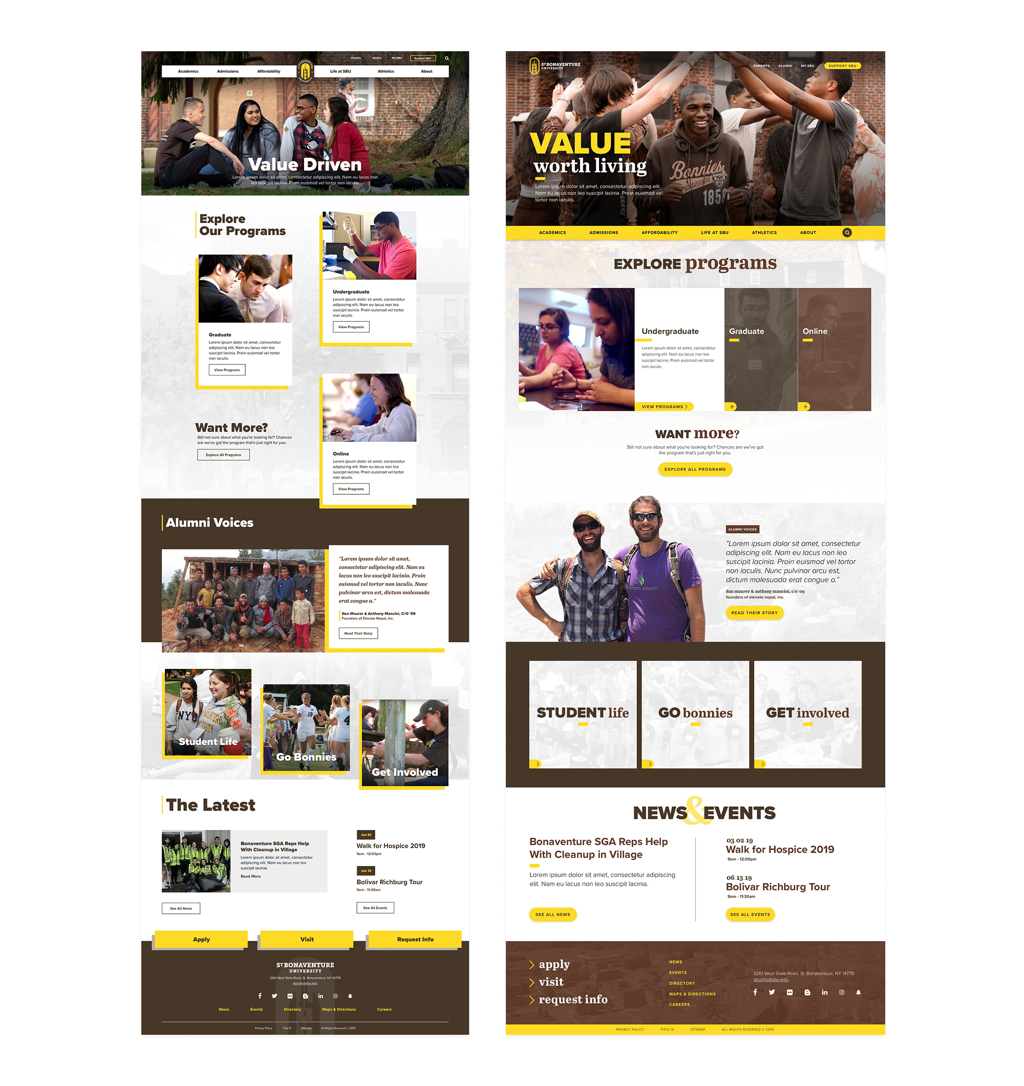 initial desktop web redesign design concepts for St. Bonaventure University