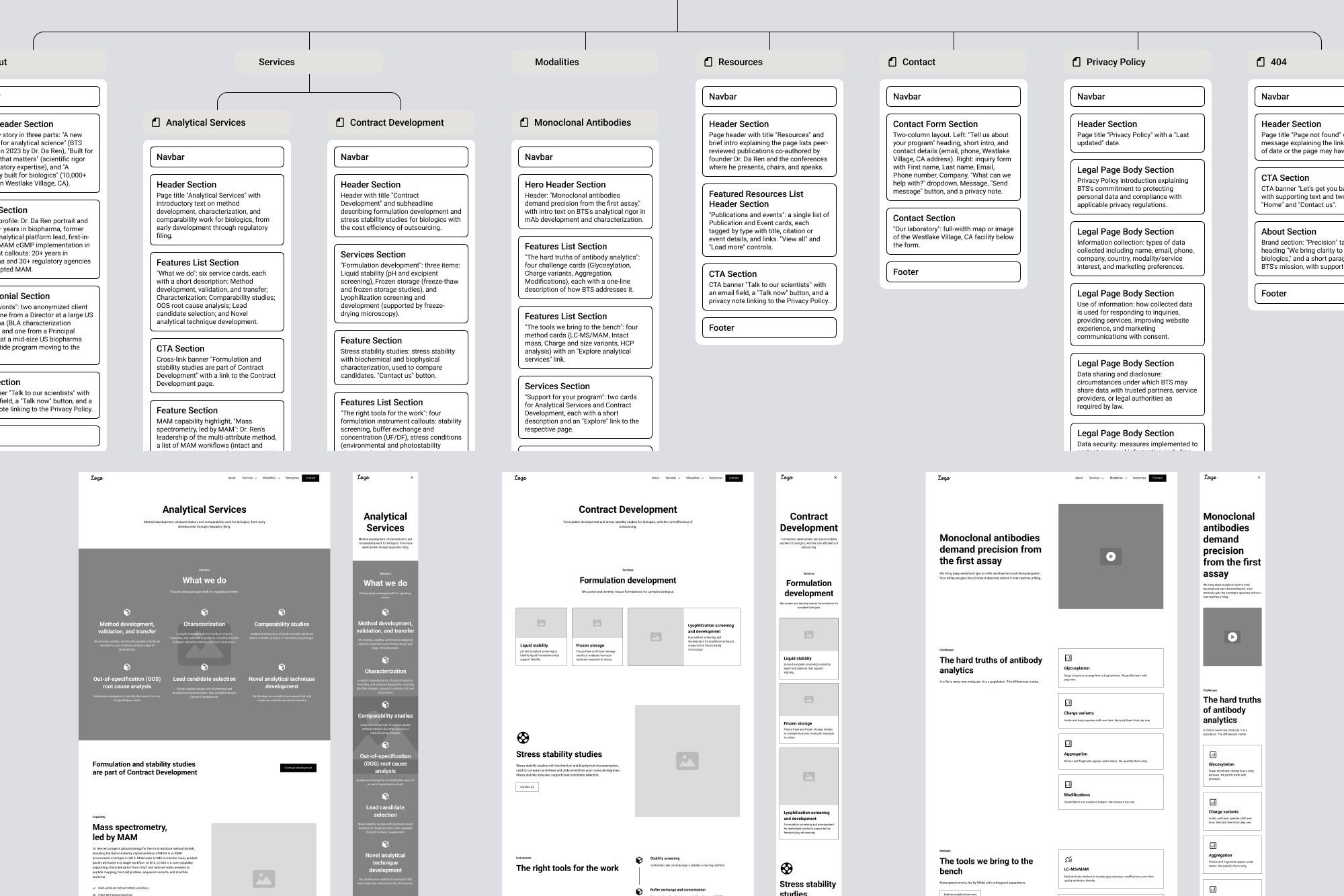 biotech company sitemap and wireframes